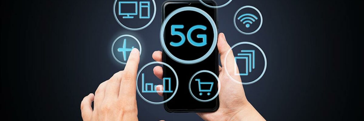 5G Internet is the new technology of the future, linking communication with many applications. Shopping on the Internet, travel, money. Hands hold the phone with a halogram of different applications.